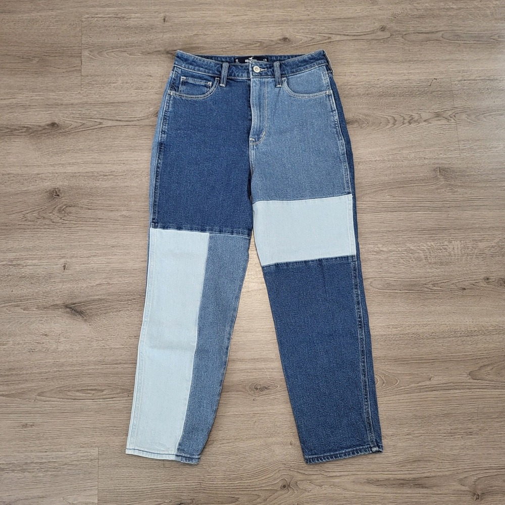 Hollister Ultra High-Rise Mom Jean Denim Patchwork Colorblock Blue 3S 26x25